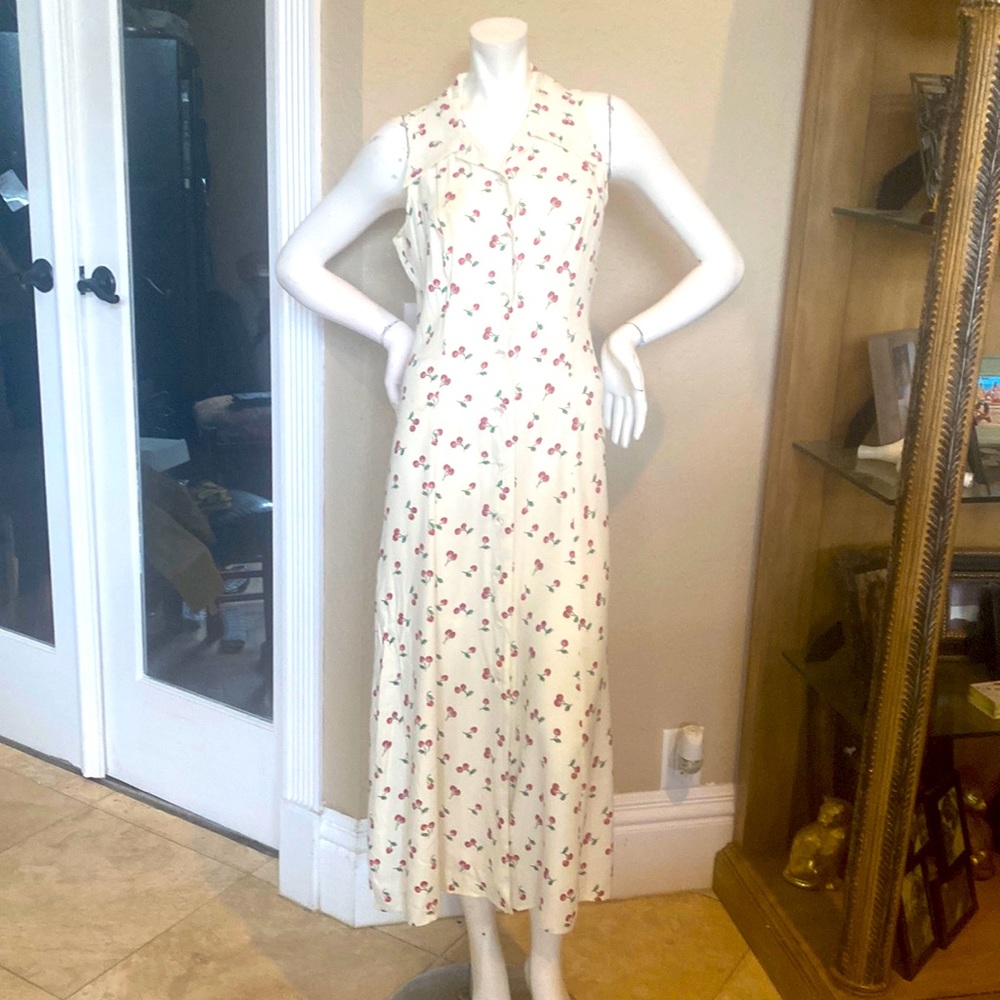 Vintage Victoria Ashley Cherry Cherries Print Button Down Sleeveless Dress Sz 7